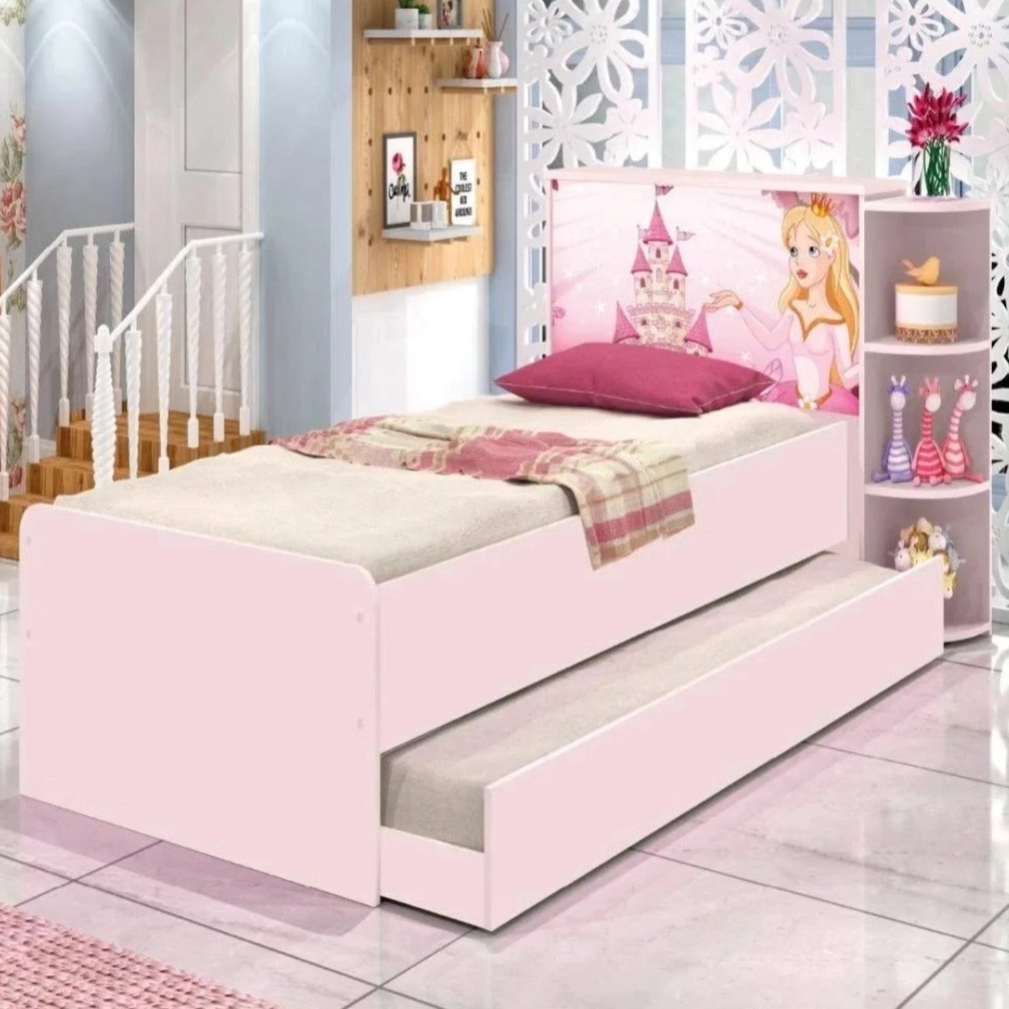 Cama Infantil Princesa Rosa com Cama Auxiliar